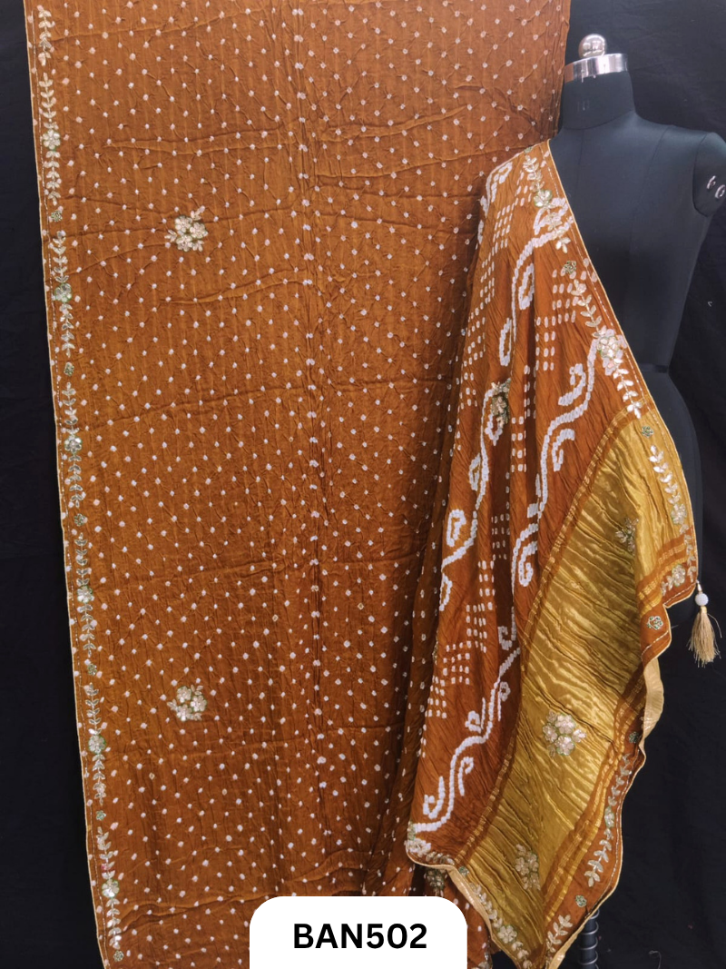 Semi gaji silk tissue pallu dani bandhej saree with khatli handwork