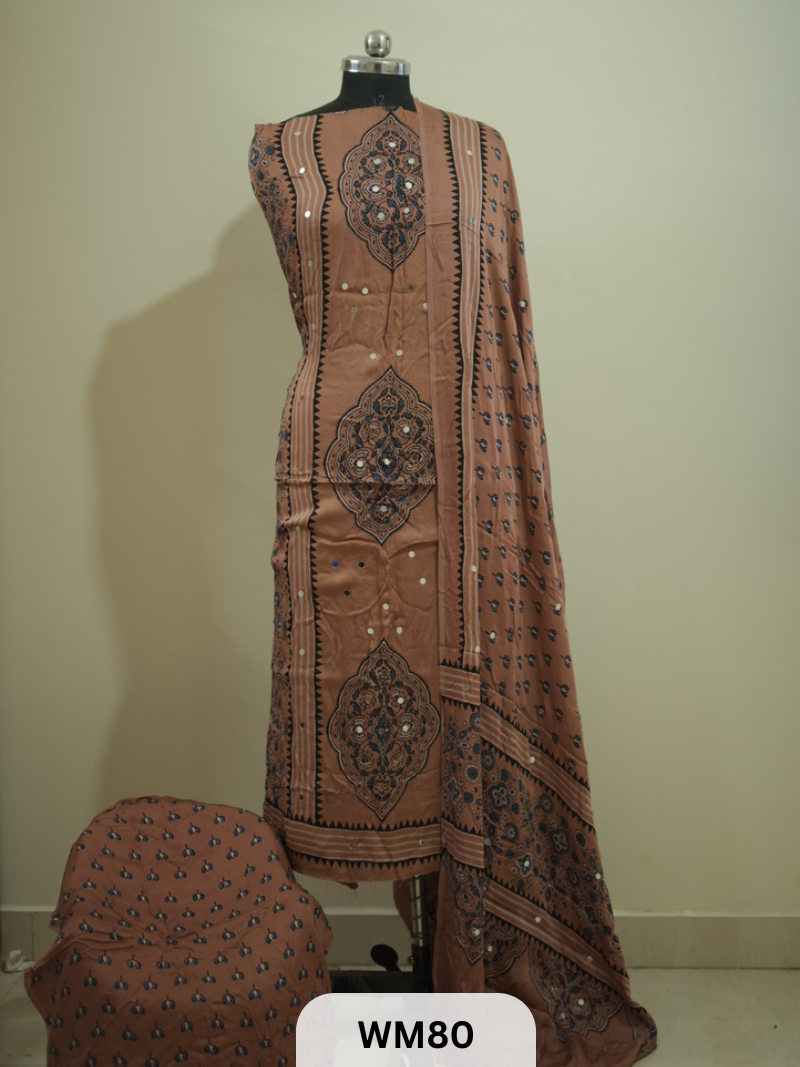MODAL AJRAKH WITH GLUED MIRROR SALWAR SUIT - 3PCS