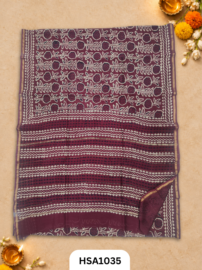 Pure Hand Block Printed Chanderi Silk Saree With Printed Blouse