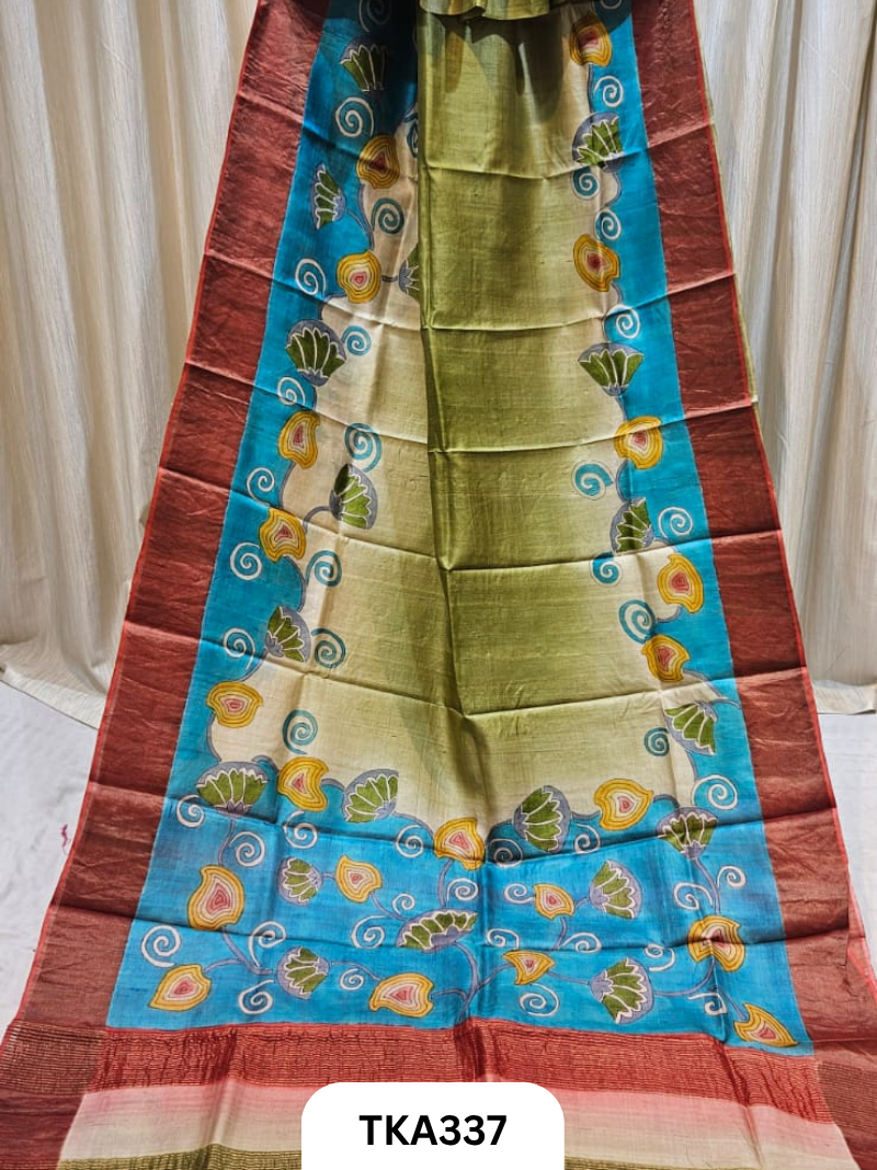 Zari Border Tussar Hand Painted Saree