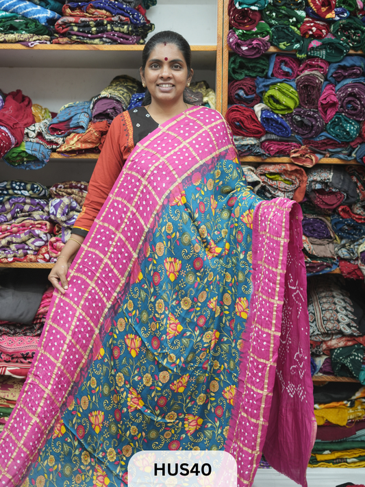 PURE MODAL WITH GHARCHOLA BORDER  - KALAMKARI DIGITAL PRINT