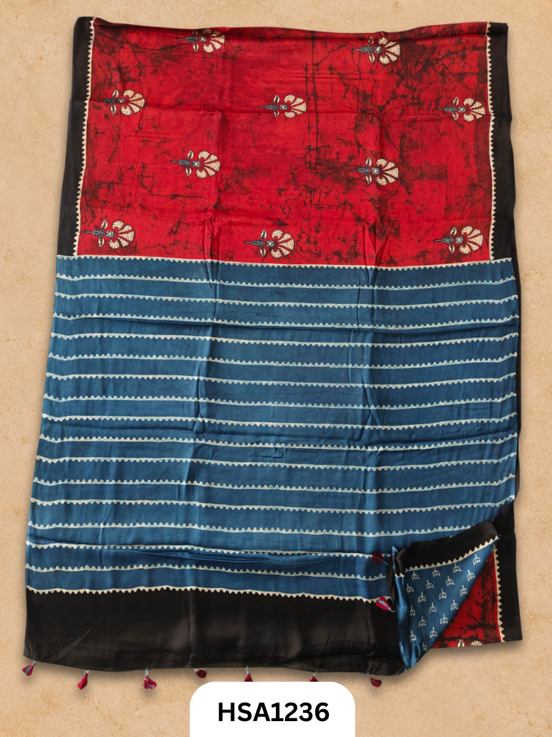 Natural Dye Vegetable Hand Block Print Ajrakh Print Pure Modal Silk Saree