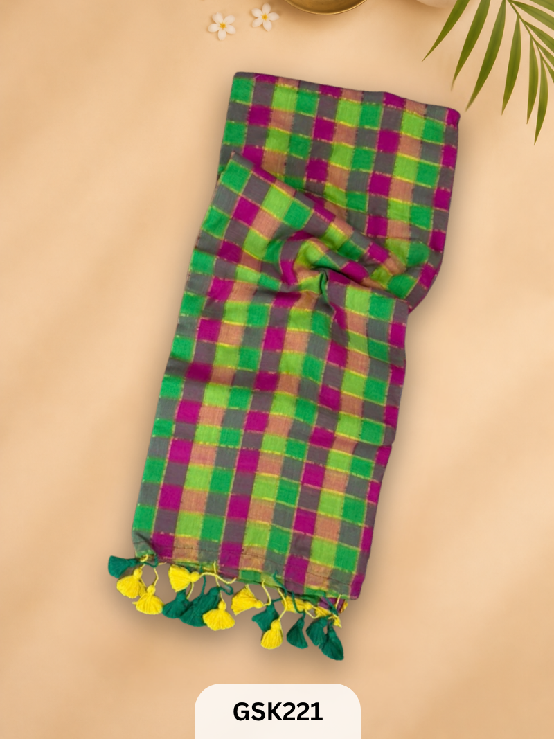 Pure Mulcotton 100 count Checked Zari with Tassel