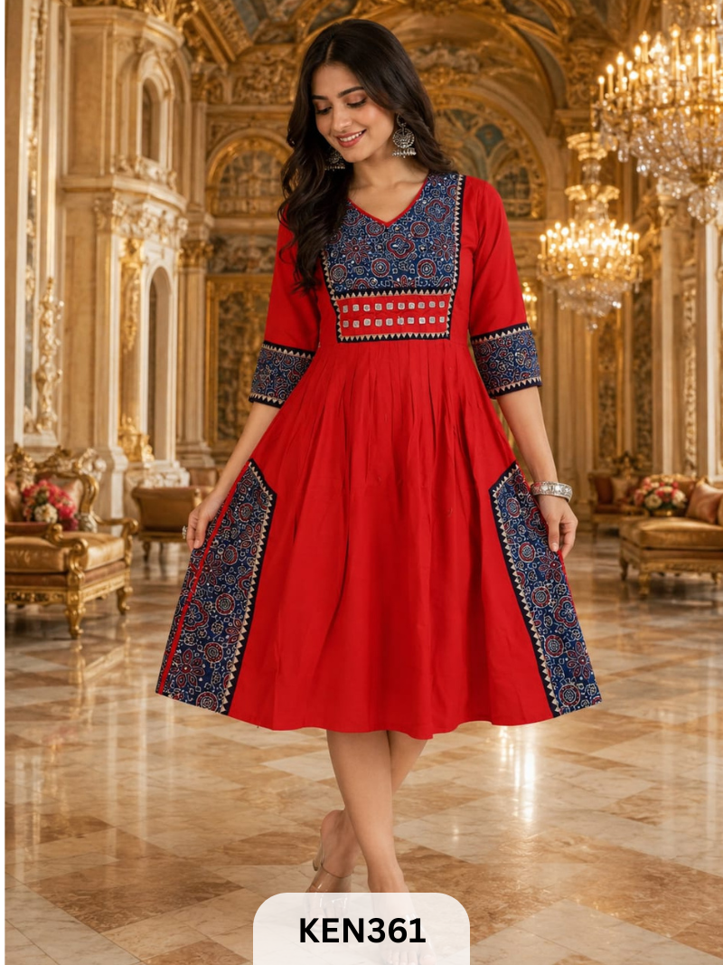 COTTON NATURAL &PLAIN COMBINATION FROCK STYLE KURTI WITH MIRROR WORK