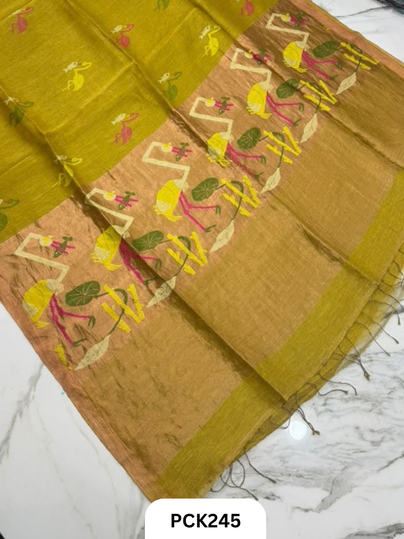 Handloom Pure Linen Silk Saree With Jamdhani Weave | Tissue Pallu