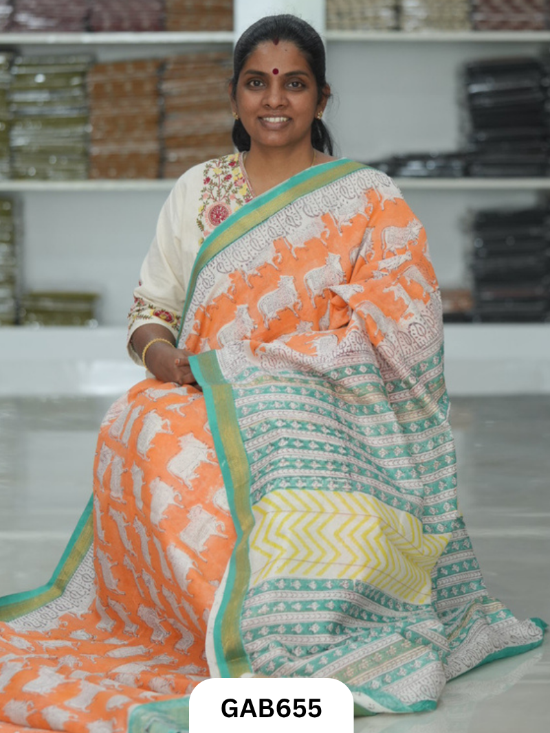 Hand Block Printed Maheshwari Silk Saree