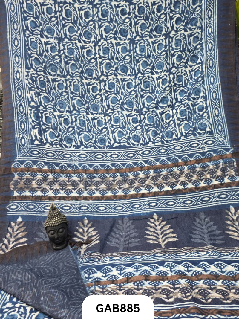 Temple Zari Border Hand Block Printed Katan Cotton Silk Saree With Running Blouse