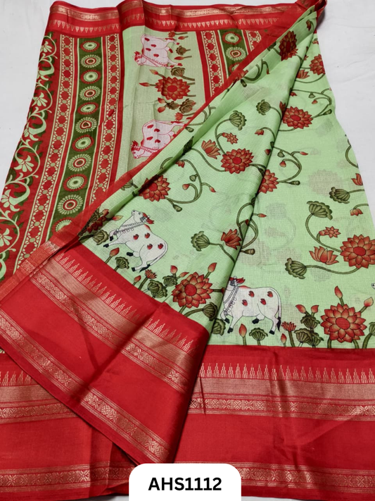 Heavy Kota Doria Saree With Beautiful Pichwai Print & Bentex Woven Border