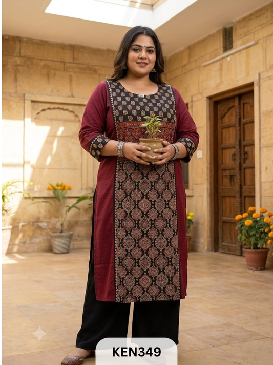 COTTON PLAIN KURTI WITH AJRAKH PANEL WITH POCKET