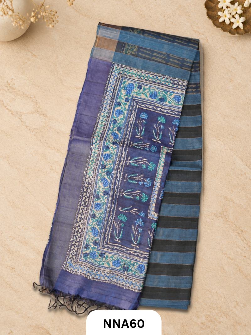 Handloom Pure Tussar Silk - Bullion With Kantha Stitch Saree