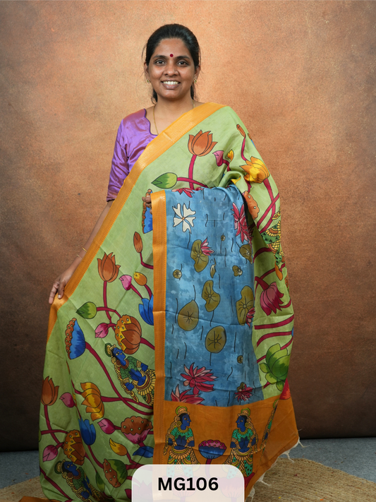 Handloom Mangalagiri with Digital Kalamkari Print Sarees