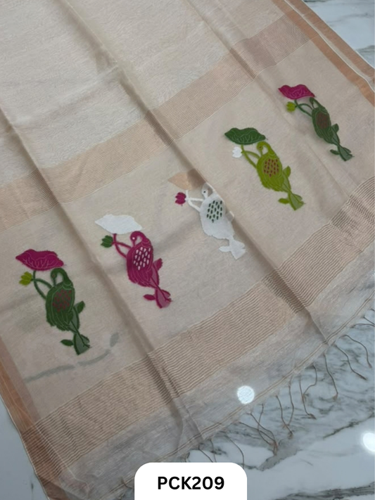 Pure Handloom Linen Silk Saree with Jamdani Weave