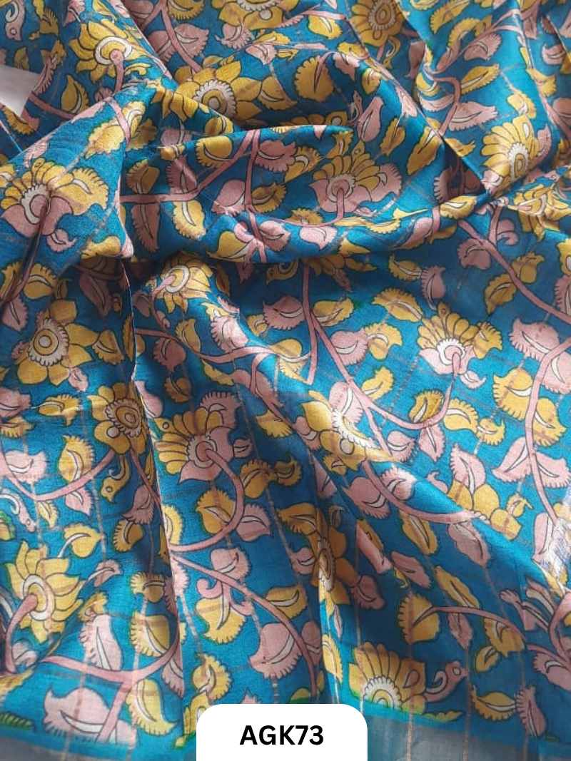 Premium Check Tussar Blouse Piece with Kalamkari Print – 80 CM