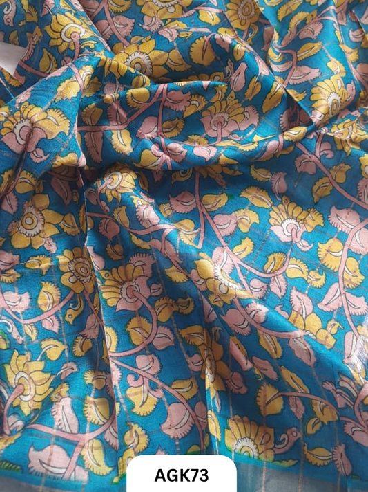 Premium Check Tussar Blouse Piece with Kalamkari Print – 80 CM