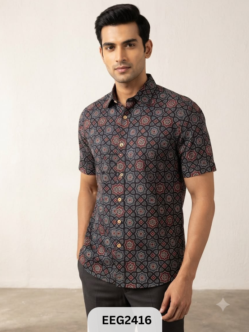 MODAL HANDBLOCK PRINT SHIRT WITH WOODEN BUTTON