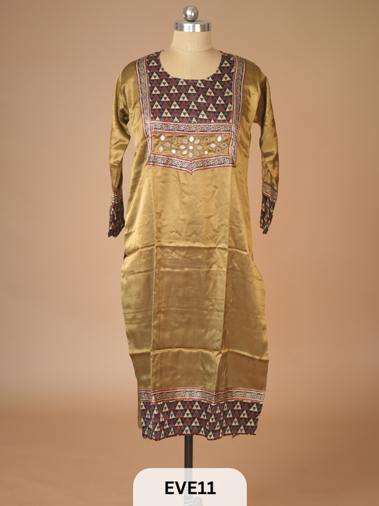 MASHRU KURTI WITH MIRROR WORK AND AJRAKH PRINT