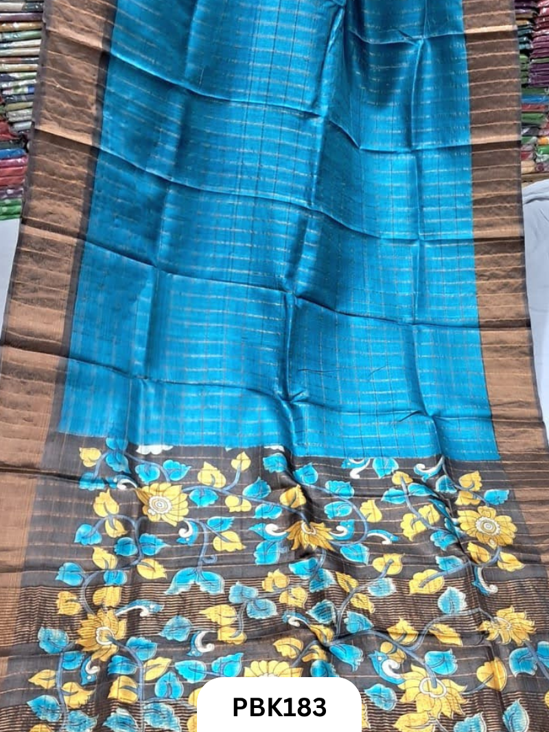 Pure Tussar Silk Saree with Checked design  Plain Body with Kalamkari Design in Pallu