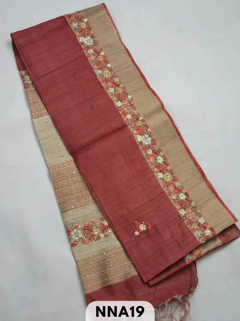 Pure tussar silk with buillon hand embroidery saree