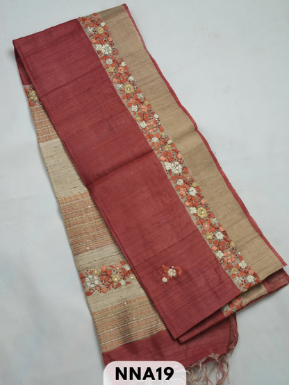 Pure tussar silk with buillon hand embroidery saree