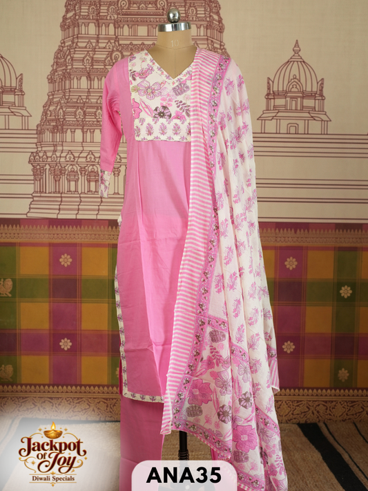 pure mulcotton sangner handblock stitched 3 pcs suit