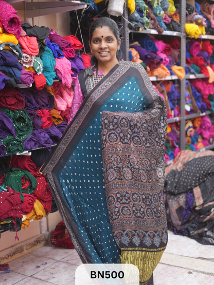 AJRAKH TISSUE PALLU BORDER BANDHEJ SAREE