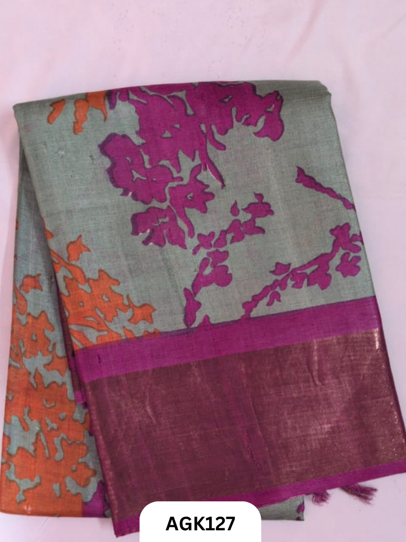 PREMIUM QUALITY  ZARI BORDER TUSSAR HAND BLOCK PRINTING WORK  WITH BLOUSE PIECE  SILK MARK CERTIFIED