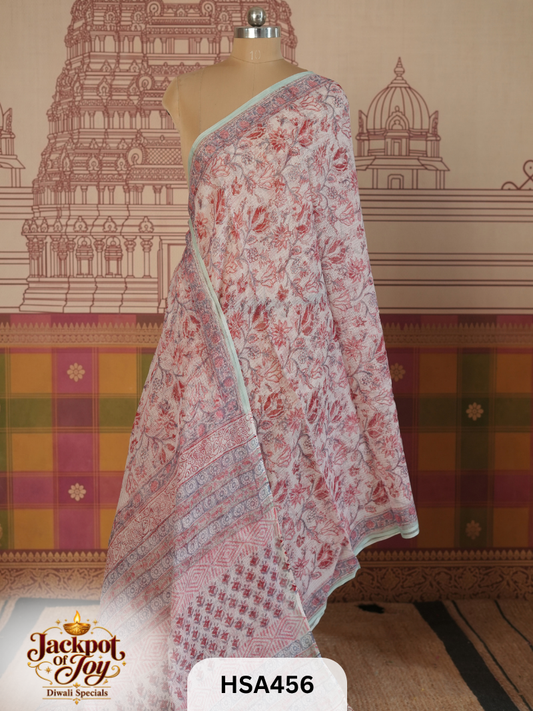 KOTA DORIYA SAREE WITH COTTON BLOUSE HAND BLOCK PRINTED