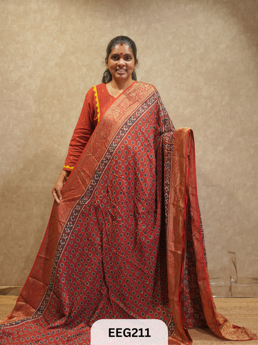 AJRAKH DOLA SILK SAREE WITH MIRROR WORK - IMMEDIATE DISPATCH