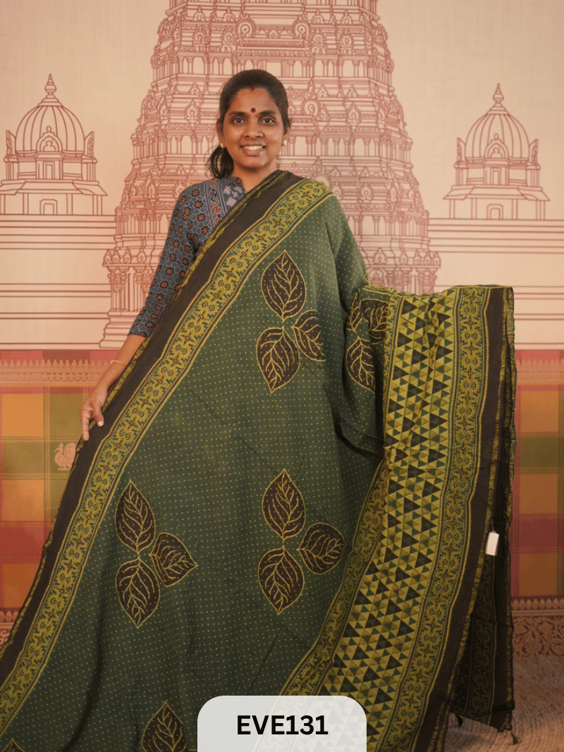 PURE CHANDERI SILK AJRAKH HANDBLOCK SAREE