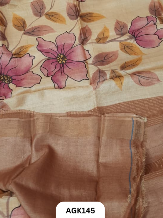 Premium Zari Border Tussar Hand-Painted Saree – Silk Mark Certified