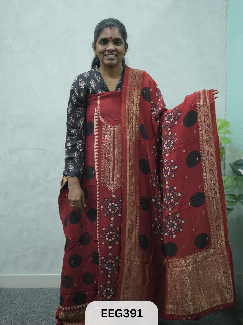 AJRAKH DOLA SILK 2 PCS-UNSTITCHED ( TOP 3.5MTR AND DUPPATA 2.25MTR ) - IMMEDIEATE DISPATCH