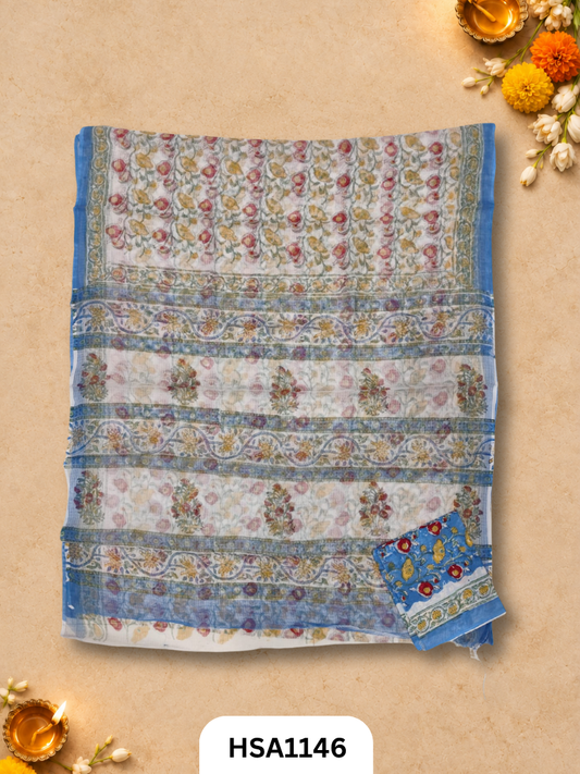 Hand Block Printed Kota Doriya Saree with Blouse
