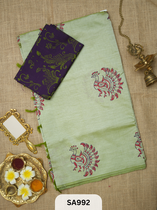 SILK COTTON EMBROIDERY HANDBLOCK SAREE