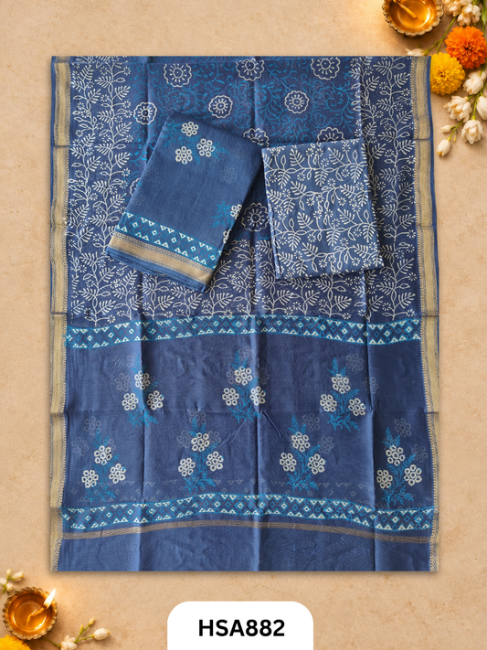 HandBlock Printed Maheshwari Silk Zari Border Top & dupttas 2.5 Mtrs | Bottom cotton 2.50 mtrs