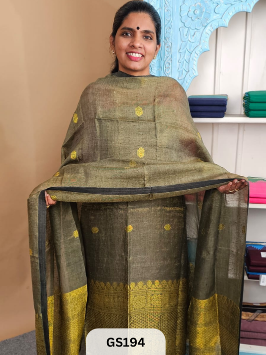 Handloom Linen Jamdani with Kanchipuram Motif  pallu weave dupatta