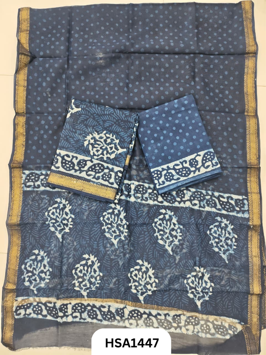 HandBlock Printed Maheshwari Silk Zari Border Top & dupttas 2.5 Mtrs | Bottom cotton 2.50 mtrs