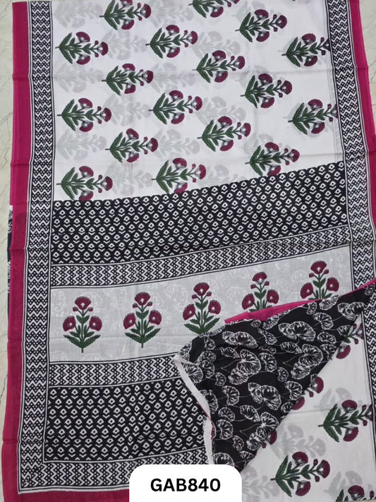 Bagru Block Print Cotton Mulmul Sarees With Running Blouse