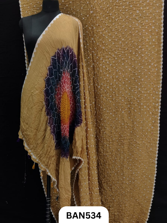 Semi Gaji Silk Multicolor Gul Pallu Bandhej Saree With Hand Tussels