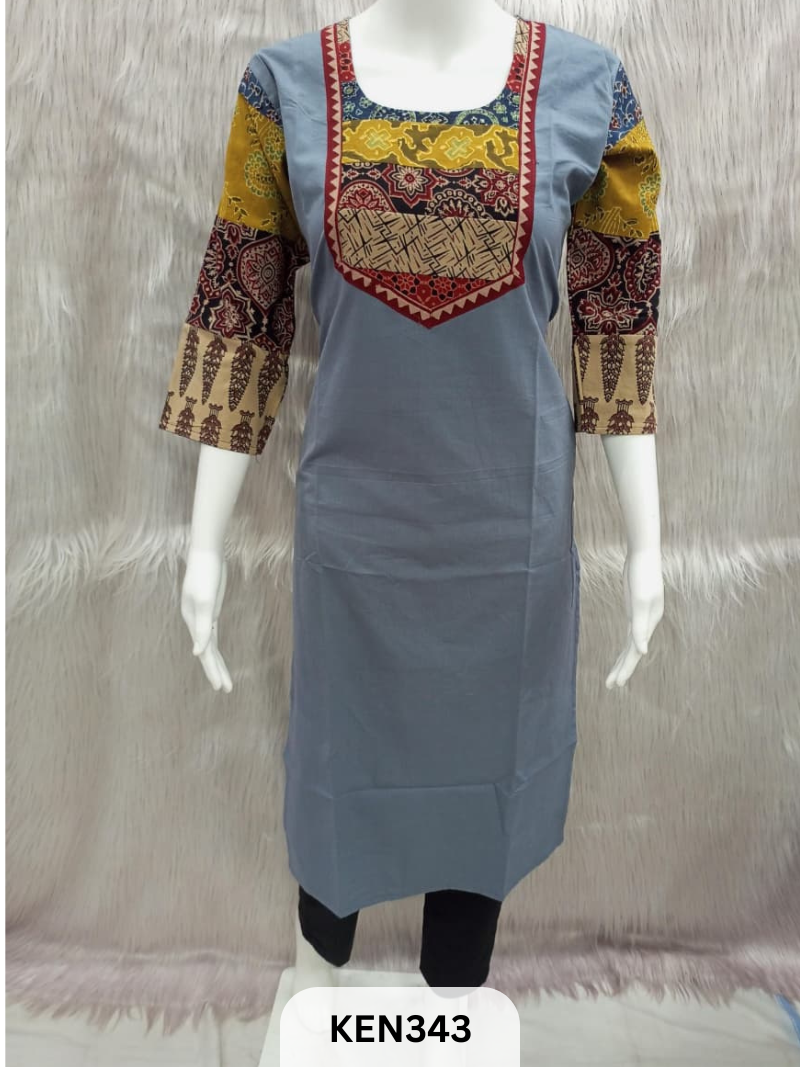 COTTON PLAIN KURTI WITH AJRAKH PATCHWORK YOKE WITH POCKET