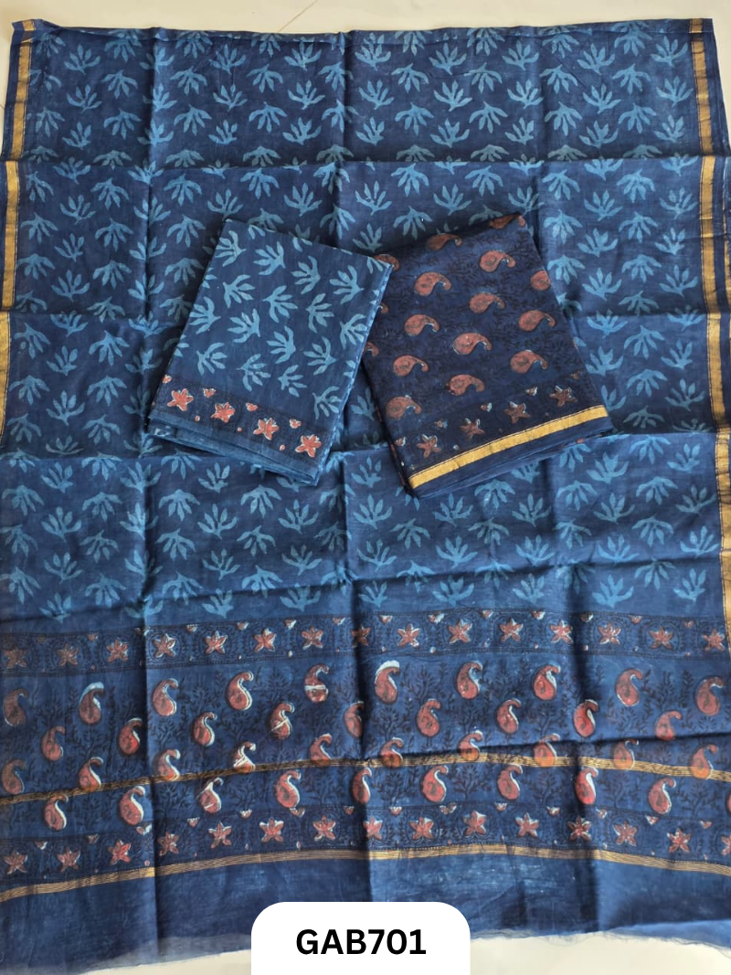 Hand Block Chanderi Silk Dress Materials Top 2.5 Mtrs Duptta 2.5 Mtrs