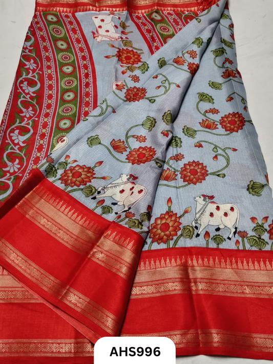 Heavy Kota Doria Saree With Beautiful Pichwai Print & Bentex Woven Border
