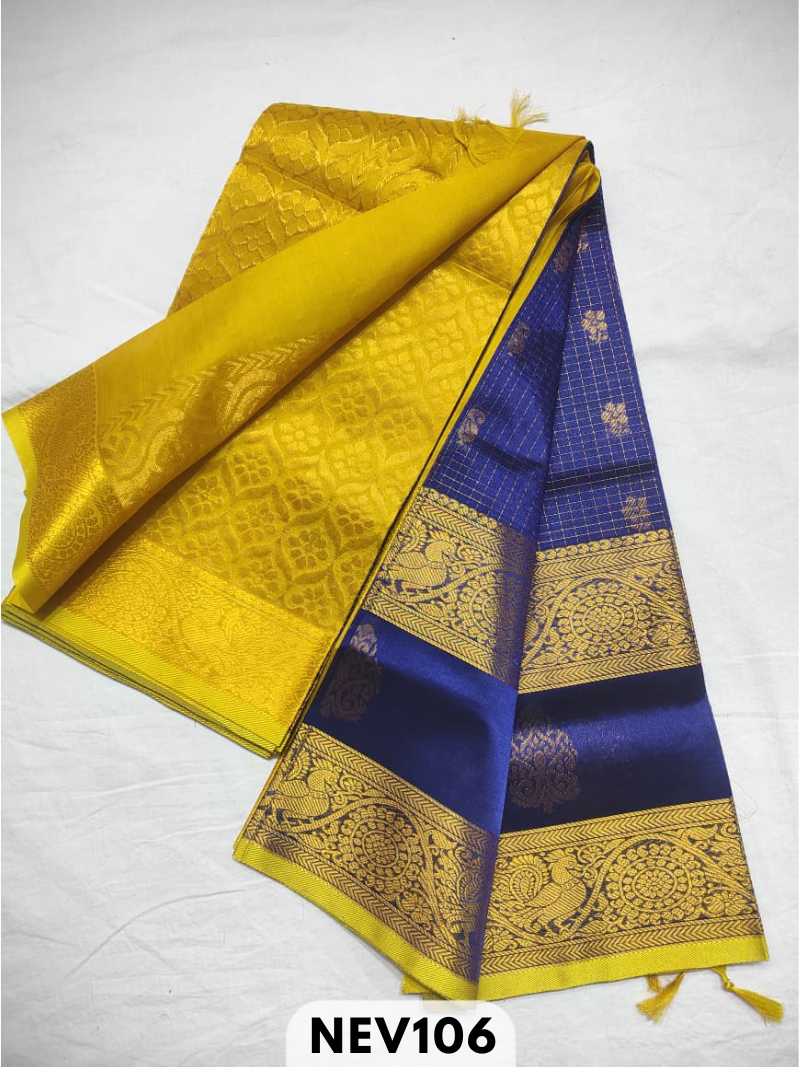 Handloom Silkcotton Long border zari checked butta with rich pallu saree