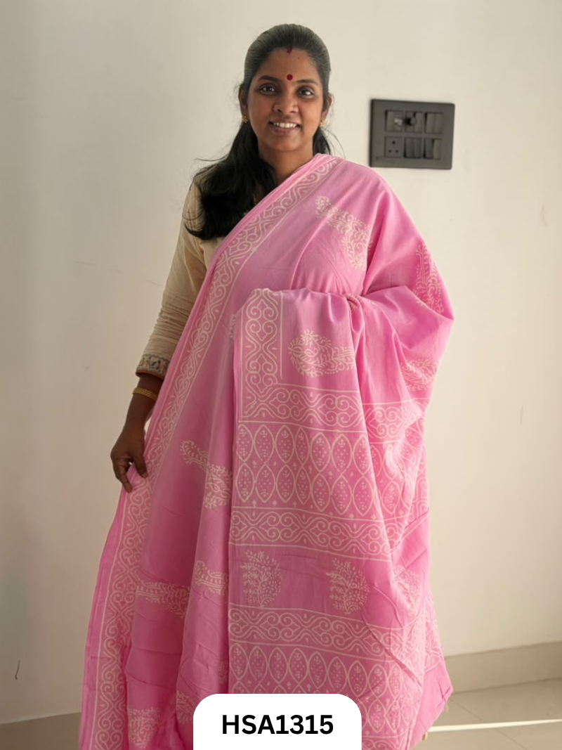 Hand Block Printed Pure Cotton Mulmul Saree