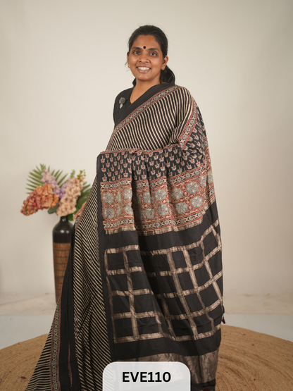 TUSSAR CHANDERI WITH GHARCHOLA - NATURAL AJRAKH HANDBLOCK