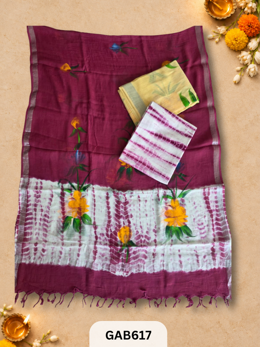 Bagru Hand Block Printed Linen Suits With Zari Border