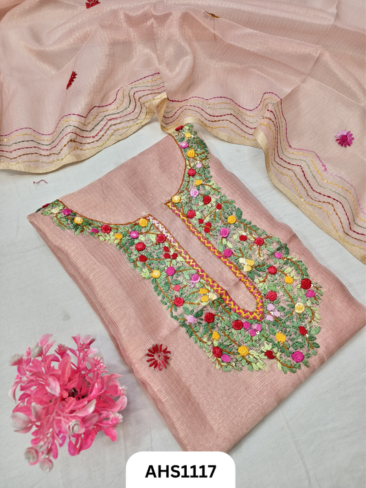 Tissue Kota Doria With Hand Fullkari Work Salwar Suit - Top & Duppatta 2.5mtr