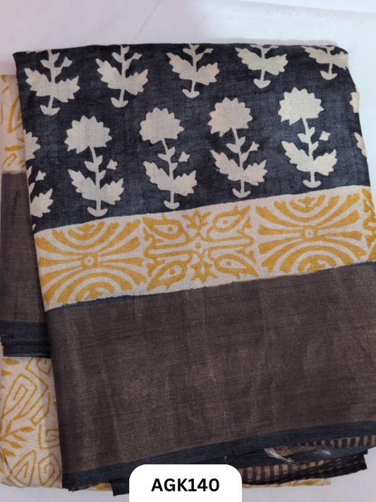 PREMIUM QUALITY  ZARI BORDER TUSSAR HAND BLOCK PRINTING WORK  WITH BLOUSE PIECE  SILK MARK CERTIFIED