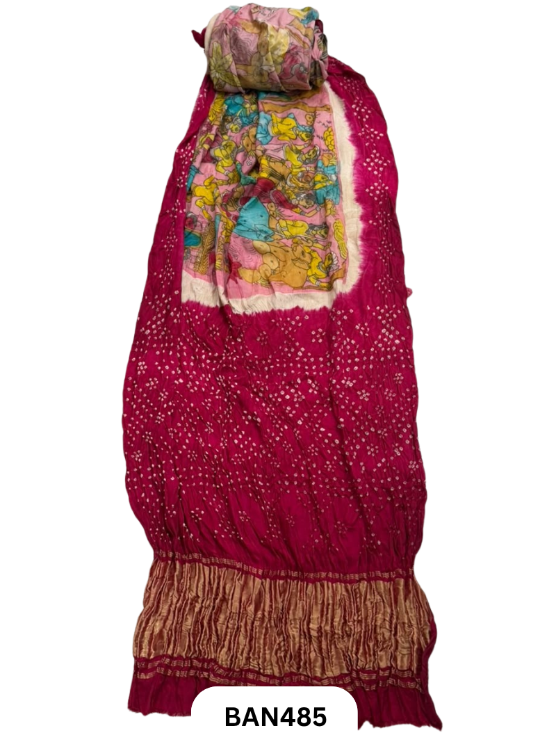 Pure Modal Bandhini X Penkalamkari Fusion Borderless Saree
