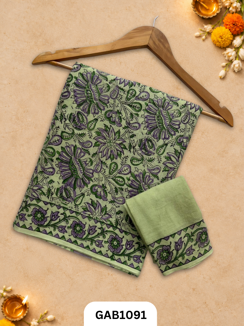 Bagru Handblock Print Mulmul Cotton Saree With Blouse