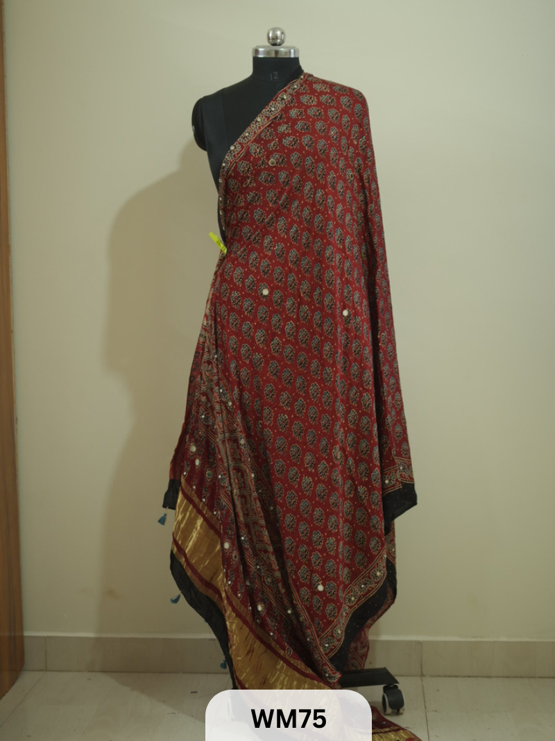 TISSUE PALLU AJRAKH HANDBLOCKPRINT KHATLI WORK DUPPATTA